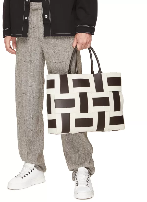 Tote Bags>BOTTEGA VENETA Intreccio Canvas Leather Tote Bag