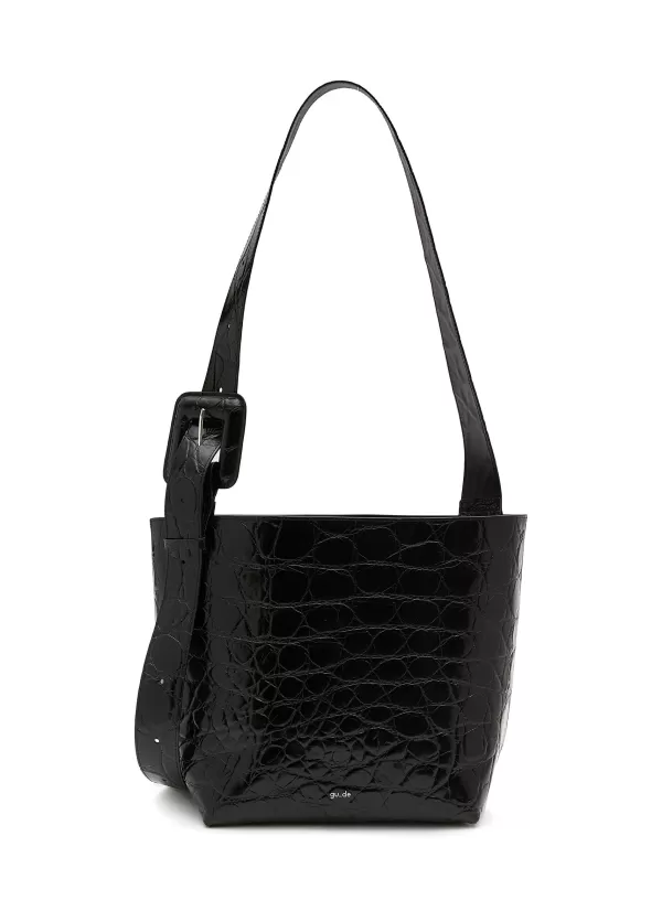 Tote Bags>GU_DE Kate' Buckled Strap Crocodile Embossed Leather Tote Bag