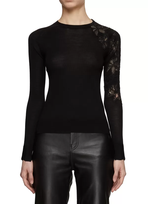 Tops>ERMANNO SCERVINO Lace Shoulder Fitted Wool Knit Top