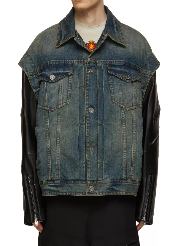 Jackets>JUUN.J Leather Sleeve Denim Trucker Jacket