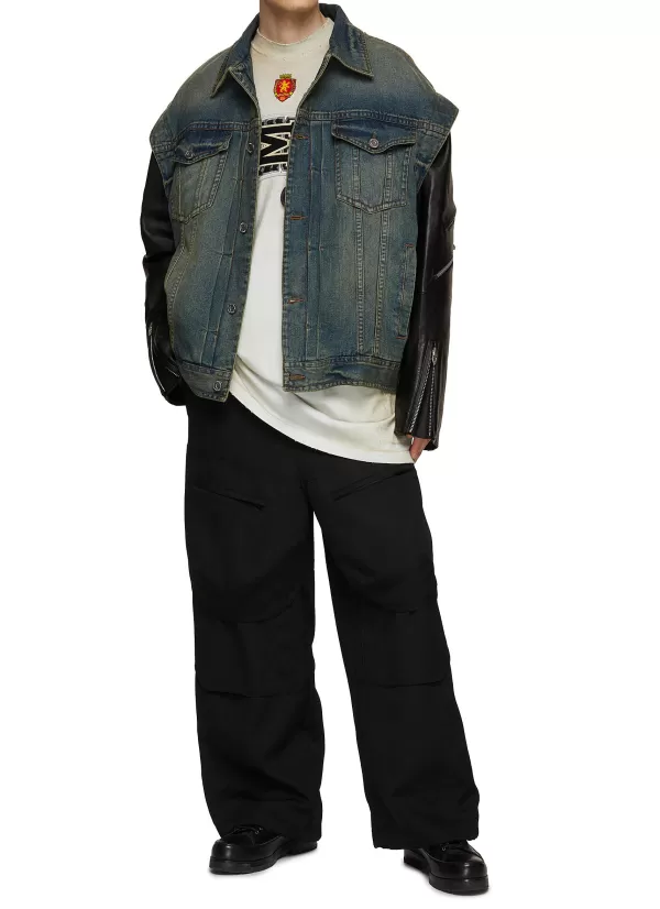 Jackets>JUUN.J Leather Sleeve Denim Trucker Jacket