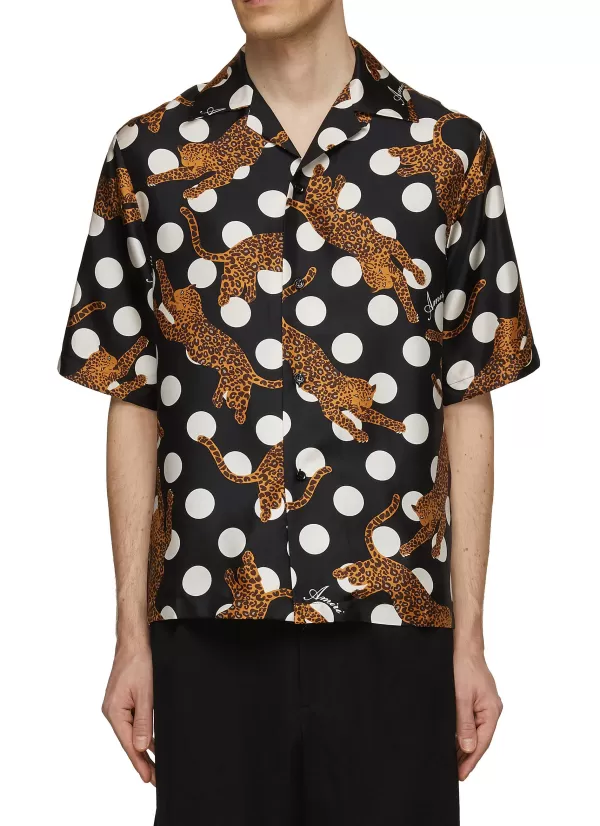 Shirts>AMIRI Leopard Polka Dots Silk Bowling Shirt