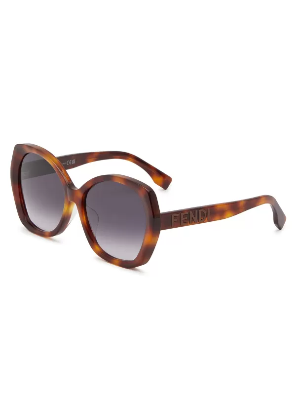 Eyewear>FENDI Lettering Tortoiseshell Effect Acetate Round Frame Sunglasses