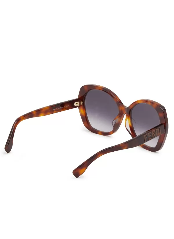 Eyewear>FENDI Lettering Tortoiseshell Effect Acetate Round Frame Sunglasses