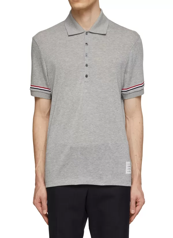 Polos>THOM BROWNE Lightweight Striped Sleeve Trim Polo