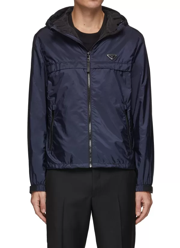 Jackets>PRADA Logo Applique Detachable Hood Windbreaker Jacket