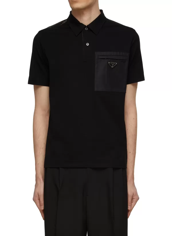 Polos>PRADA Logo Applique Re-Nylon Pocket Short Sleeve Polo Shirt