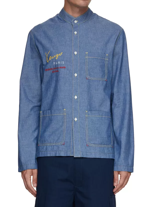 Shirts>KENZO Logo Embroidered Band Collar Chambray Shirt