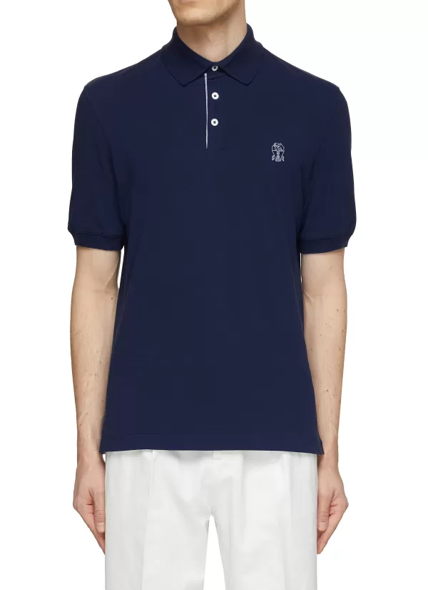 Polos>BRUNELLO CUCINELLI Logo Embroidered Cotton Polo Shirt