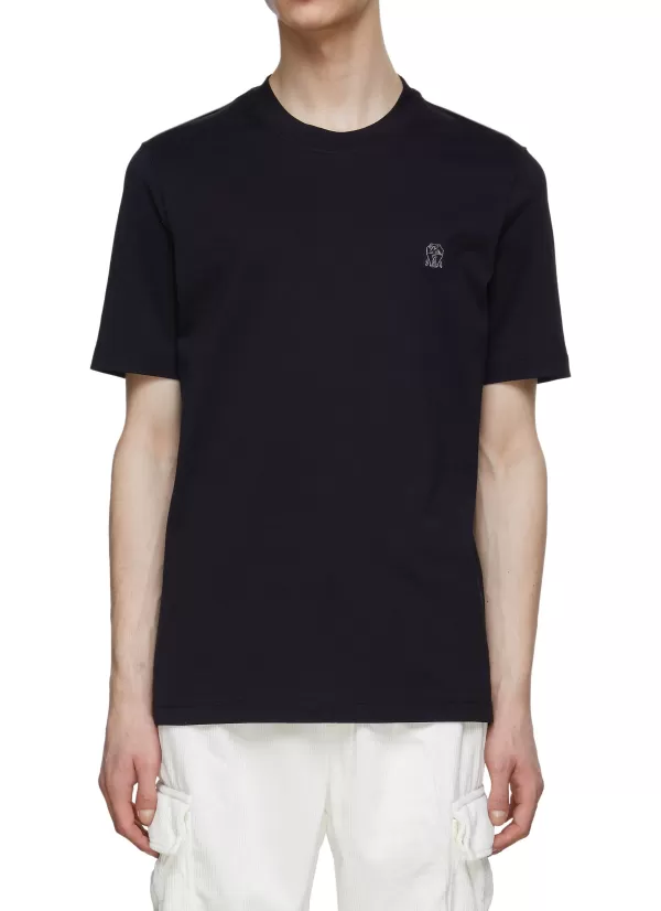 T-Shirts>BRUNELLO CUCINELLI Logo Embroidery Crewneck Cotton T-Shirt