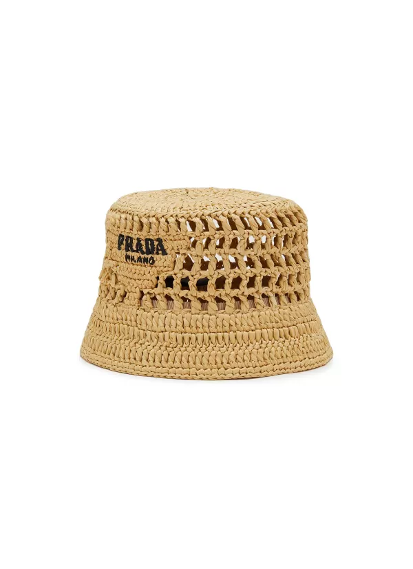 Hats & Gloves>PRADA Logo Intarsia Raffia Bucket Hat