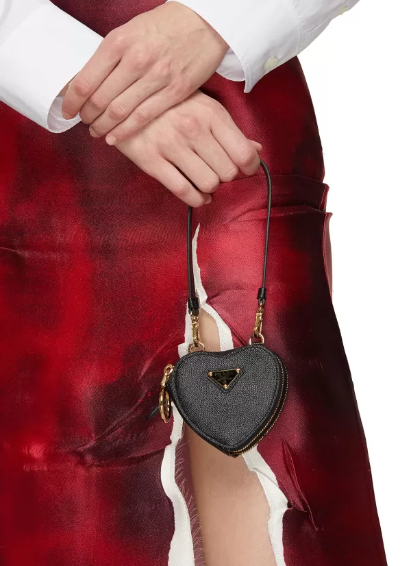 Small Leather Goods>PRADA Logo Plaque Heart Shaped Saffiano Leather Mini Pouch