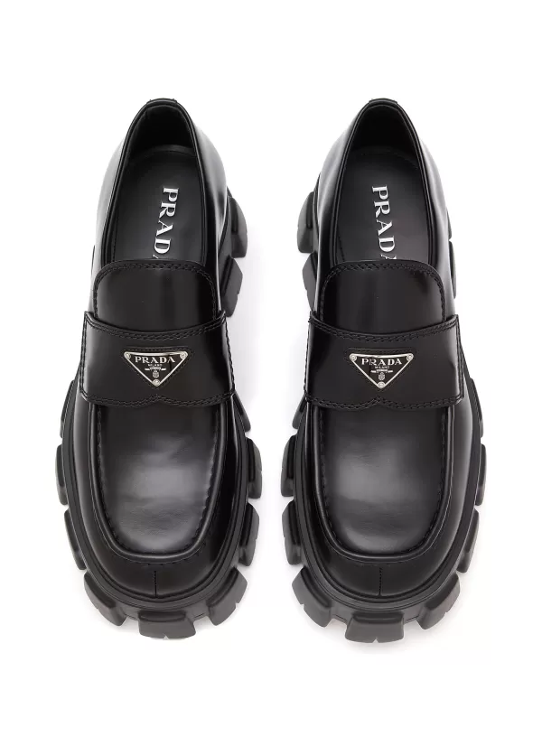 Formal Shoes>PRADA Logo Plaque Lug Sole Leather Loafers