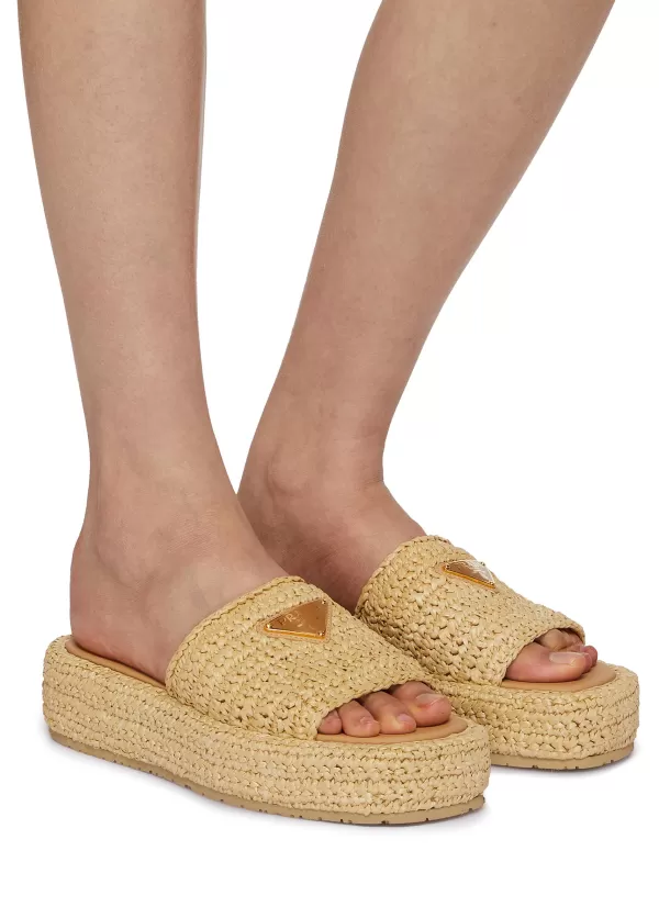 Slides>PRADA Logo Plaque Raffia Flatform Sandals