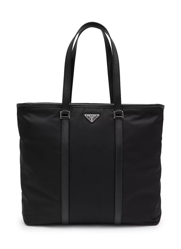 Tote Bags>PRADA Logo Plaque Re-Nylon Tote Bag