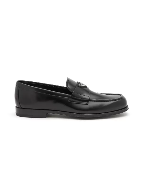 Flats>PRADA Logo Plaque Spazzolato Leather Platform Moccasins