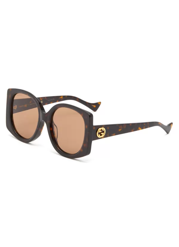 Eyewear>GUCCI Logo Tortoiseshell Effect Acetate Square Sunglasses