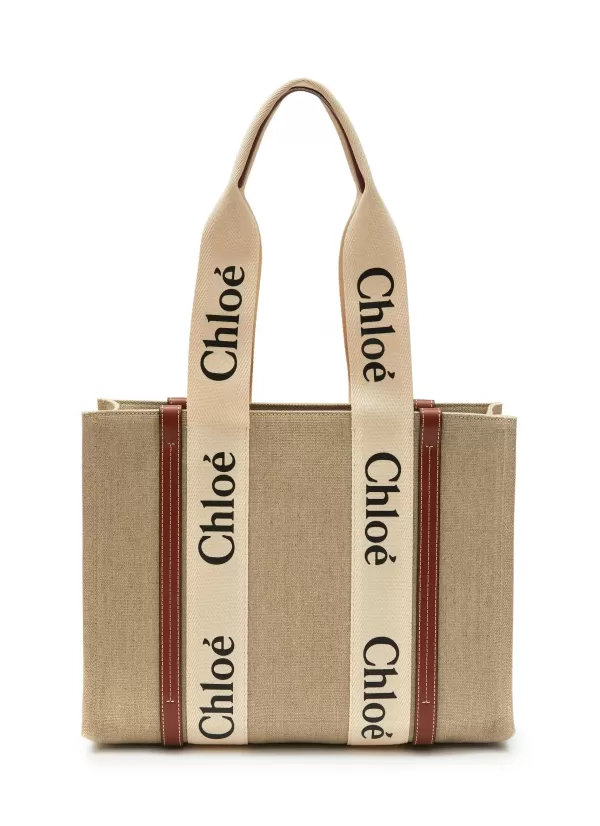 Tote Bags>CHLOÉ Medium 'Woody' Eco Linen Canvas Tote Bag