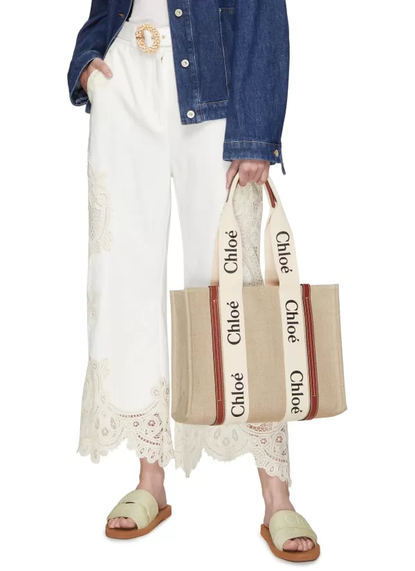 Tote Bags>CHLOÉ Medium 'Woody' Eco Linen Canvas Tote Bag