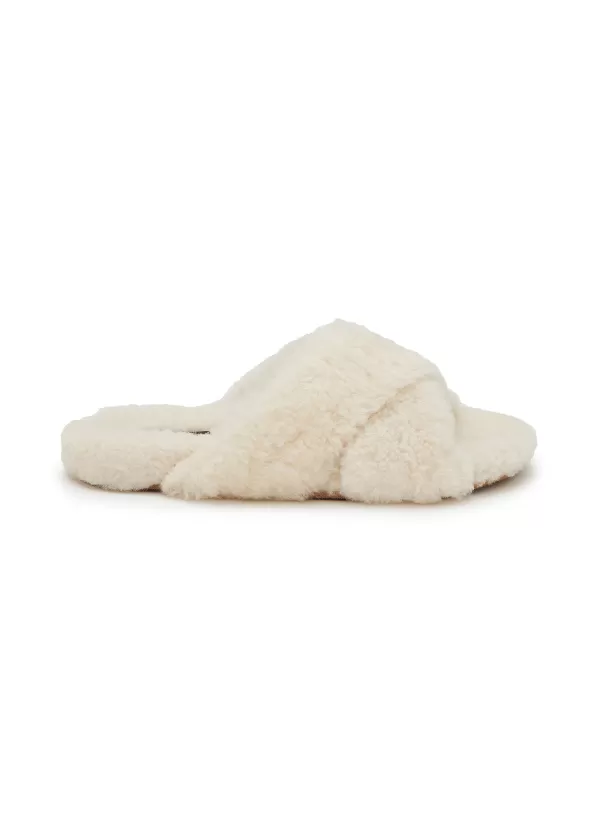 Slides>YVES SALOMON Merinos Crisscross Fur Slide