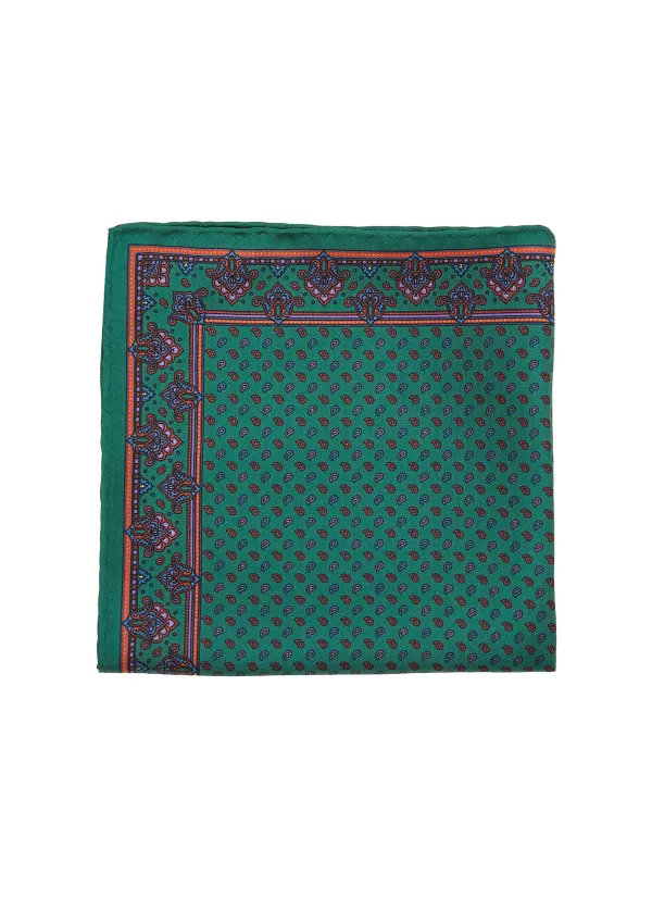 Pocket Squares>STEFANOBIGI MILANO Mini Paisley Hand Printed Damask Boarder Pocket Square