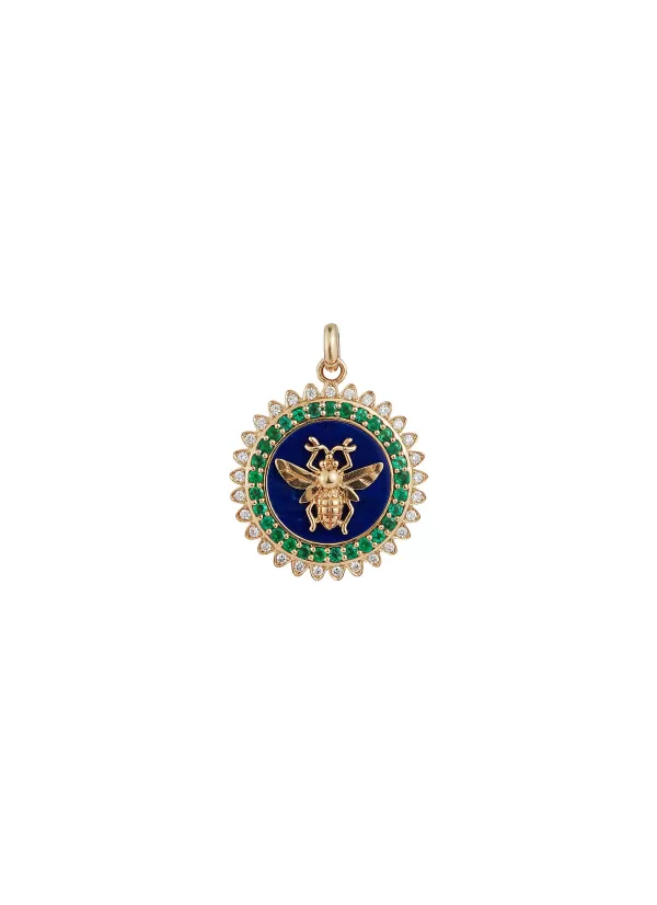 Fine Jewellery>STORROW JEWELRY Minnie 14K Gold Diamond Green Emerald Bee Medallion Charm