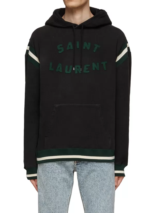 Pullovers & Hoodies>SAINT LAURENT Molleton Logo Embroidered Cotton Drawstring Hoodie