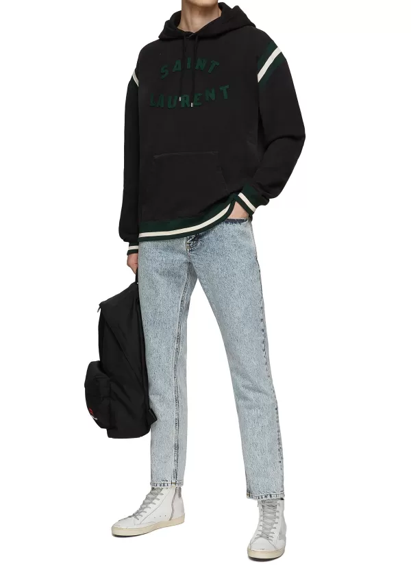 Pullovers & Hoodies>SAINT LAURENT Molleton Logo Embroidered Cotton Drawstring Hoodie