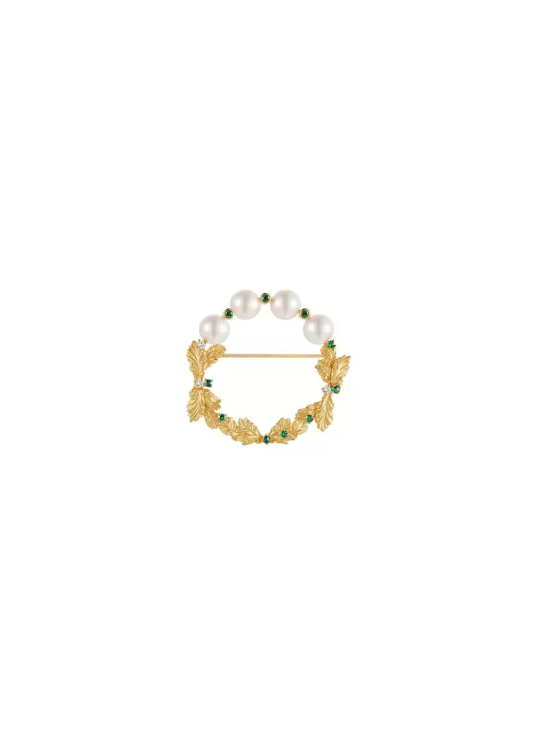 Fine Jewellery>LC COLLECTION JEWELLERY Neo Romantic Mistletoe Leaf Diamond Tsavorite Pearl 18K Yellow Gold Brooch