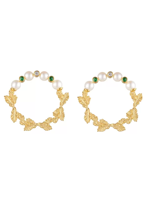 Fine Jewellery>LC COLLECTION JEWELLERY Neo Romantic Mistletoe Leaf Diamond Tsavorite Pearl 18K Yellow Gold Earrings