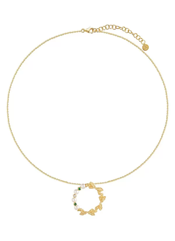Fine Jewellery>LC COLLECTION JEWELLERY Neo Romantic Mistletoe Leaf Diamond Tsavorite Pearl 18K Yellow Gold Necklace