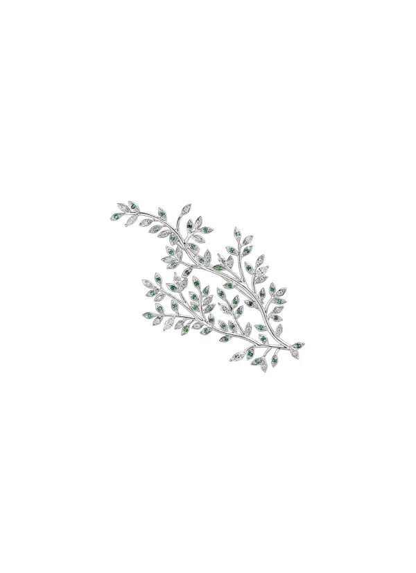 Fine Jewellery>LC COLLECTION JEWELLERY Neo-Romantic Mistletoe Leaf 18K White Gold Diamond Tsavorite Brooch