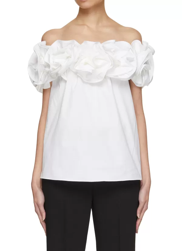 Tops>CAROLINA HERRERA Off Shoulder Flower Trim Top