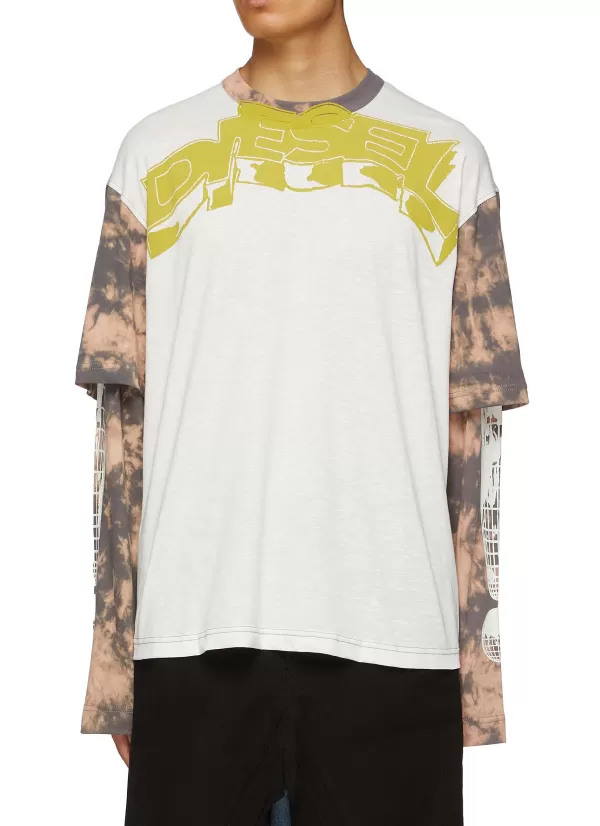 T-Shirts>DIESEL Oil Dyed Printed Back Layered T-Shirt