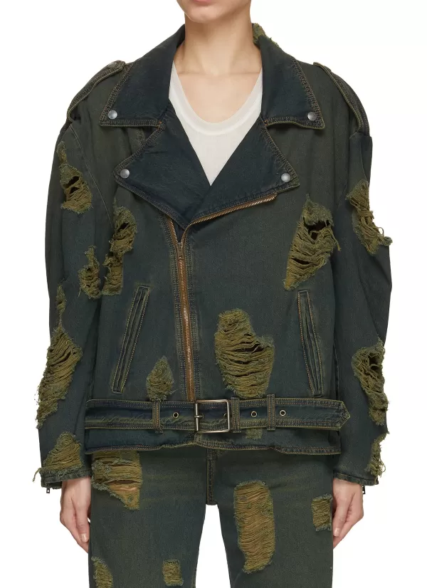 Jackets>ACNE STUDIOS Olinor Laser Distressed Denim Moto Jacket