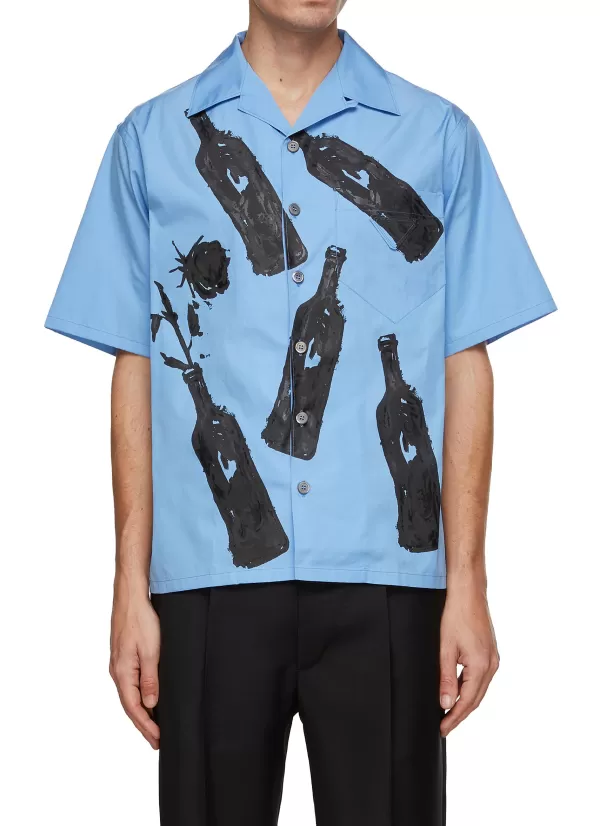 Shirts>PRADA Painted Wine Bottle Print Short Sleeve Shirt