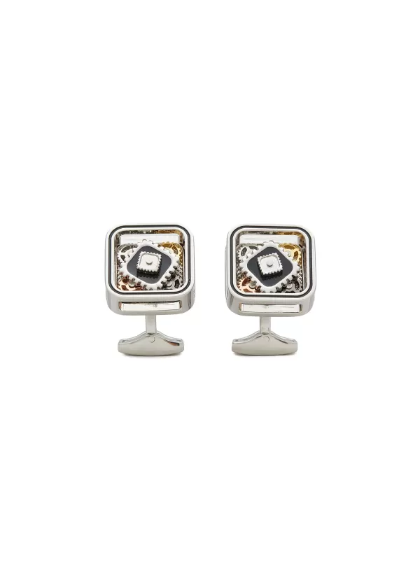 Cufflinks>TATEOSSIAN Palladium Plated Base Black Handpainted Enamel Square Gear Cufflinks