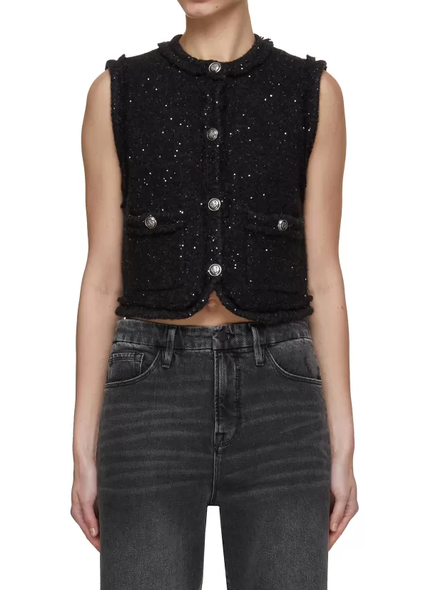 Tops>MO&CO. Pearl Button Sleeveless Cropped Wool Vest Cardigan