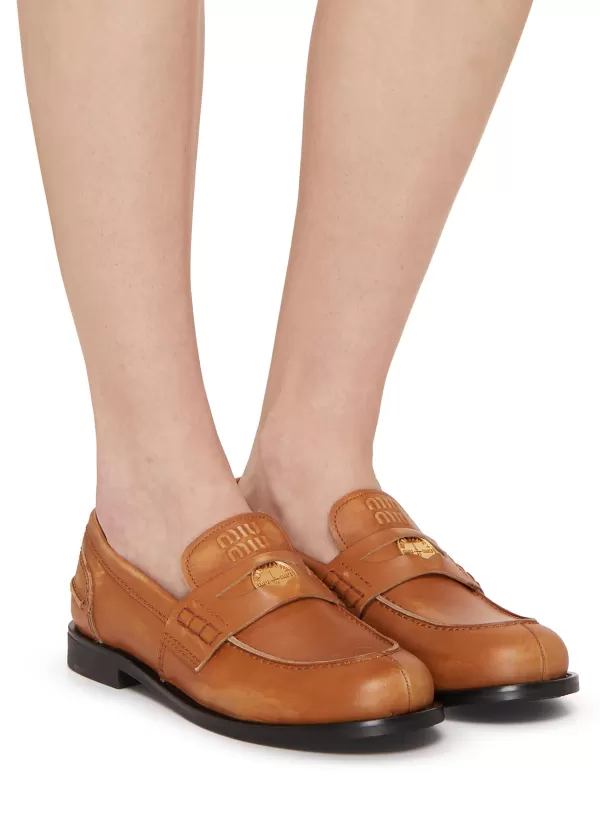 Flats>MIU MIU Penny Leather Loafers