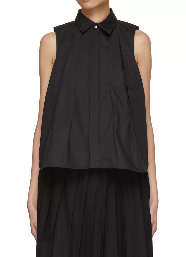 Tops>SACAI Pleated Sleeveless Poplin Shirt