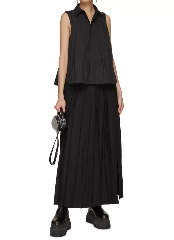 Tops>SACAI Pleated Sleeveless Poplin Shirt