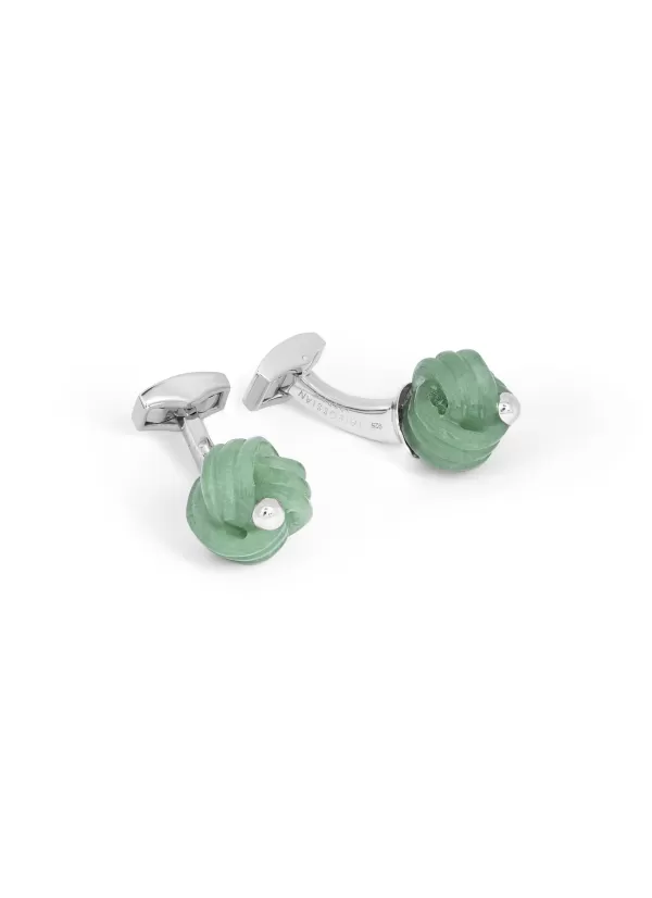 Cufflinks>TATEOSSIAN Rhodium Plated Green Aventurine Knot Cufflinks