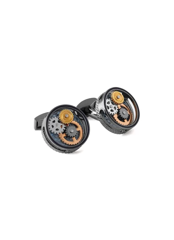 Cufflinks>TATEOSSIAN Rotating Gear Cutout Side Gunmetal Plated Base Cufflinks