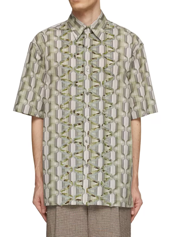 Shirts>DRIES VAN NOTEN S Link Stripe Print Thread Embroidered Relaxed Fit Shirt