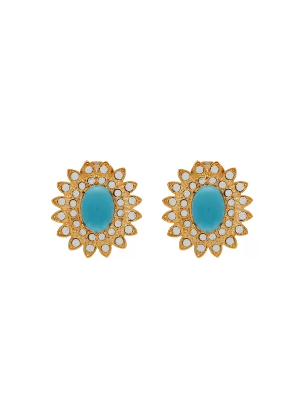 Vintage Accessories>* Scaasi Gold Tone Diamante Faux Turquoise Clip On Earrings