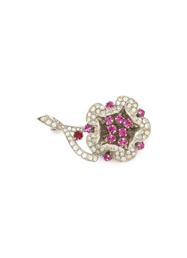 Vintage Accessories>* Schoffel Austria Rhodium Diamante Pink Flower 3D Brooch