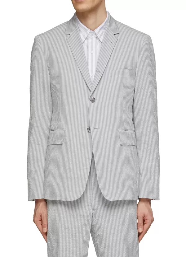 Suits>THOM BROWNE Seesucker Single Breasted Striped Blazer