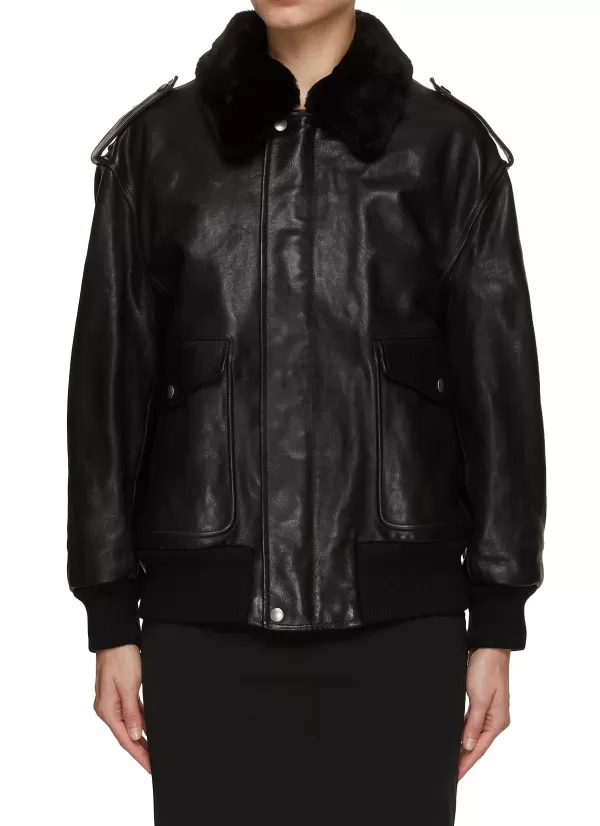 Jackets>PRADA Shearling Collar Leather Bomber Jacket