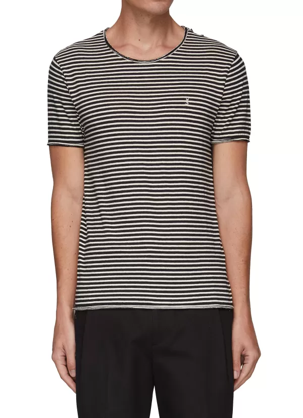 T-Shirts>SAINT LAURENT Short Sleeve Stripe Linen Cotton T-Shirt