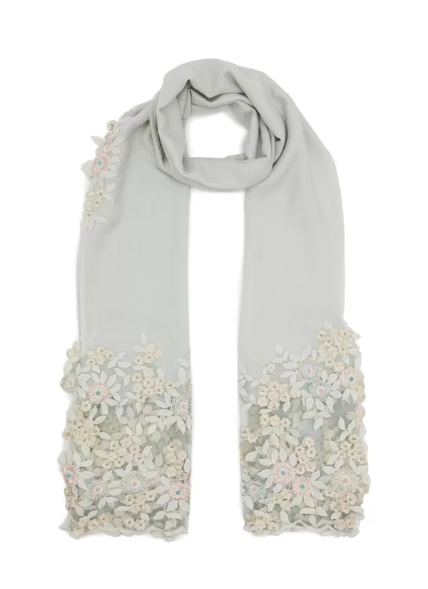 Scarves & Wraps>LANE's Silk Cashmere Blend Floral Trim Scarf